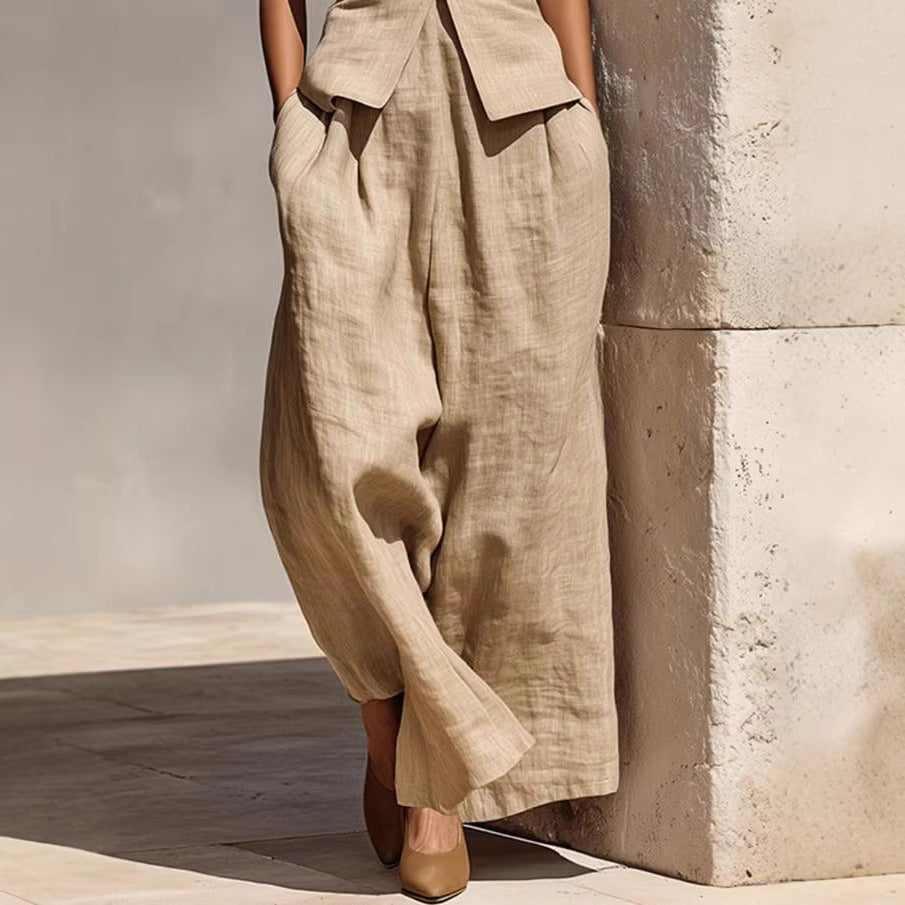 Conjunto Regata e Calça Pantalona em Linho Cáqui