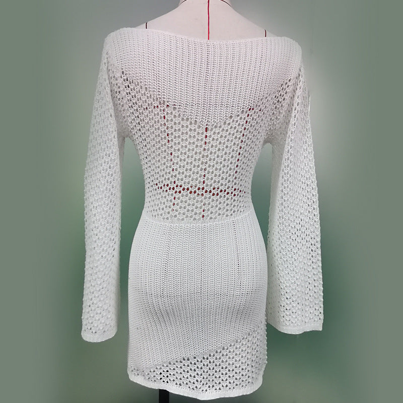 Vestido de Tricô Vazado Ombro a Ombro