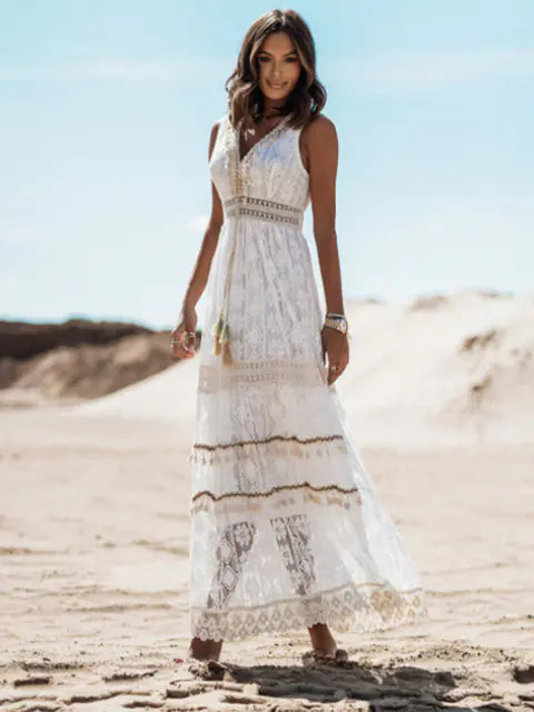 Vestido Longo de Renda Bordado