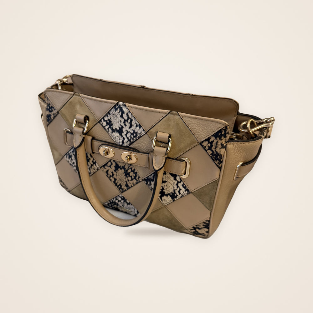 Bolsa Coach Swagger Patchwork Bege em Couro e Camurça