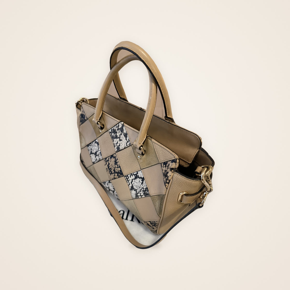 Bolsa Coach Swagger Patchwork Bege em Couro e Camurça