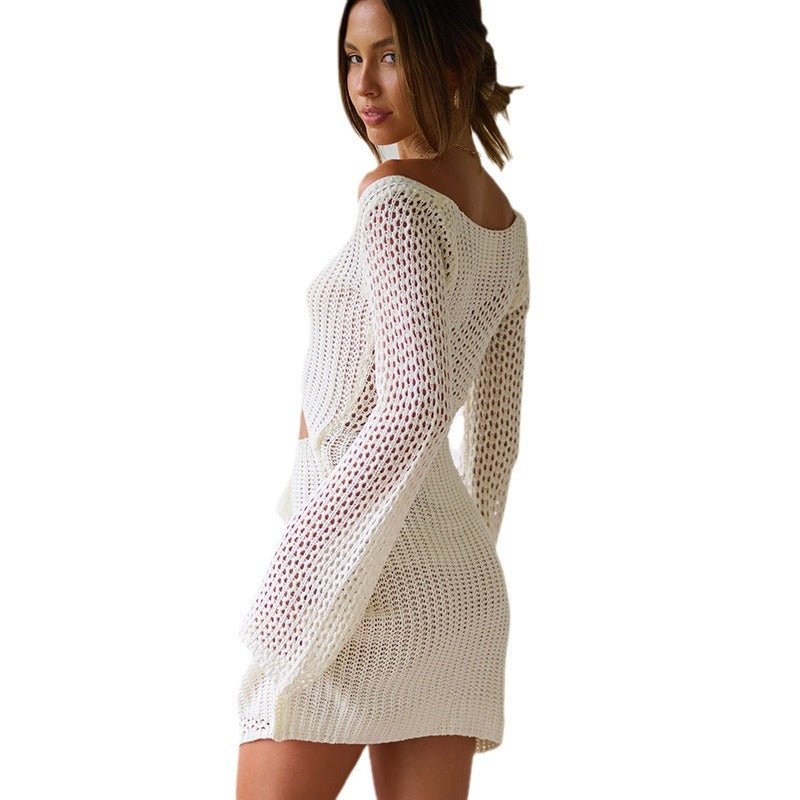 Vestido de Tricô Vazado Ombro a Ombro