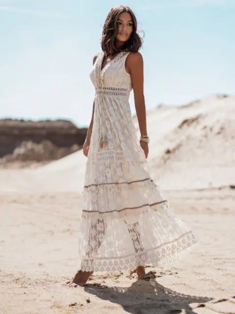 Vestido Longo de Renda Bordado